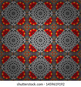 Gray, blue and pink ethnic geometric motif seamless pattern in gray, blue and pink on abstract background.