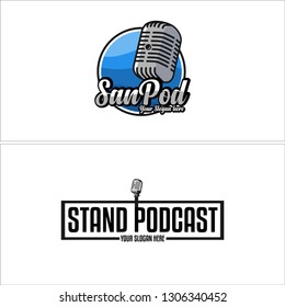 gray blue white black combination text circle mic square logo design concept suitable for technology music industrial entertainment recreation 