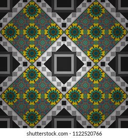 Gray, blue and white ethnic geometric motif seamless pattern in gray, blue and white on abstract background.