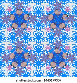 Gray, blue and white glitter ornaments with glowing lights. Seamless pattern for decorating festive kit or greeting cards.