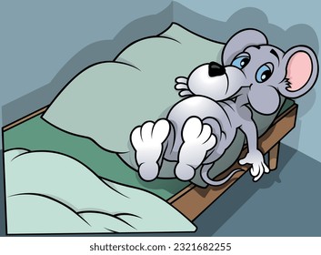 The Gray Blue-eyed Mouse Lies on a Bed - Colored Cartoon Illustration Isolated on White Background, Vector