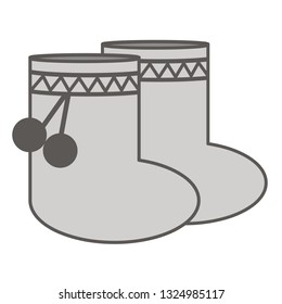 Gray boots with an ornament and two pom-poms. Vector illustration.