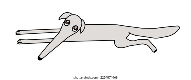 Graues Borzoi-Hundememe. Stilvolle Cartoon-Illustration des Borzoi-Hundes, dessen Maulkorb lang ist. Er liegt und streckt sich auf dem Boden aus. Vektorgrafik einzeln auf weißem Hintergrund.