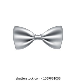 Gray bow tie from satin material. Elegant clothes accessory isolated on white background. Realistic formal wear for official event. Holiday decor from silk vector illustration.