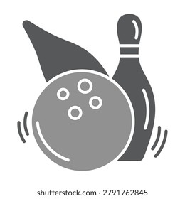 Gray bowling ball and pin icon in motion, sports recreation symbol