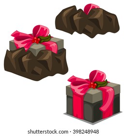 Gray box tied with a pink ribbon with a gift emerged from the ground. Vector illustration.
