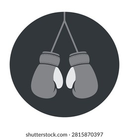 Gray boxing gloves hang from strings on a dark background, symbolizing combat sports