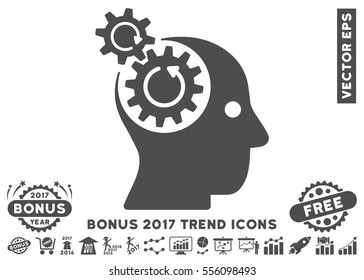 Gray Brain Gears Rotation pictogram with bonus 2017 year trend pictograph collection. Vector illustration style is flat iconic symbols, white background.