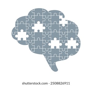 Gray brain puzzle with missing puzzle pieces, isolated on white background. Flat vector illustration