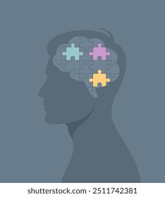Rompecabezas de cerebro gris con algunas piezas de colores en la cabeza de una silueta humana. Ilustración vectorial plana