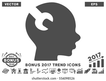 Gray Brain Wrench Tool icon with bonus 2017 year trend images. Vector illustration style is flat iconic symbols, white background.