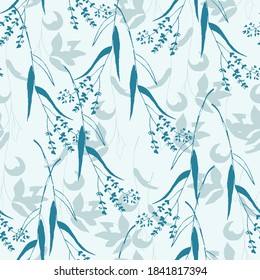 Gray branch with flowers and a green branch on a light gray background, handmade, vector pattern, design for all prints, fabric, textile, paper