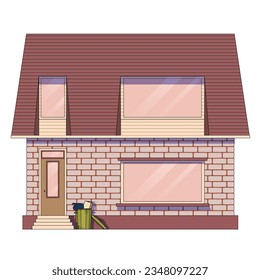 gray brick house with big windows and trash bin ,vector illustration