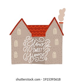 Gray brick house with lettering text on facade. Traditional building. Cute bright illustration. European street. home Sweet home - hand written vector inscription