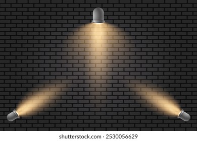 Fondo de pared de ladrillo gris. Proyectores amarillos brillantes. Efecto de luz. Para escenarios, conciertos, vacaciones.