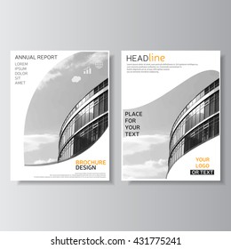 Gray brochure template. Annual report. Leaflet design. Flyer layout. Magazine cover, brochure design. Leaflet layout. Presentation template, corporate identity. Vector business center photo.