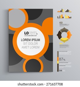 Gray brochure template design with black and orange round elements. Cover layout and infographics