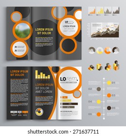 Gray brochure template design with black and orange round elements. Cover layout and infographics