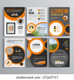 Gray brochure template design with black and orange round elements. Cover layout and infographics