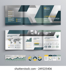 Gray brochure template design with blue and green geometric shapes. Cover layout and infographics