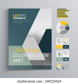 Gray brochure template design with blue and green geometric shapes. Cover layout and infographics