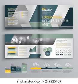 Gray brochure template design with blue and green geometric shapes. Cover layout and infographics