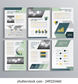 Gray brochure template design with blue and green geometric shapes. Cover layout and infographics