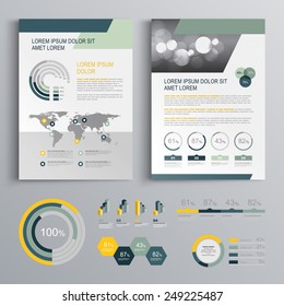 Gray brochure template design with blue and green geometric shapes. Cover layout and infographics