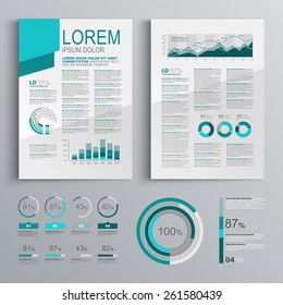 Gray brochure template design with green diagonal shapes. Cover layout and infographics