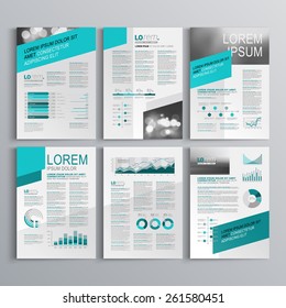 Gray brochure template design with green diagonal shapes. Cover layout and infographics