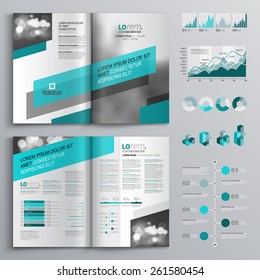 Gray brochure template design with green diagonal shapes. Cover layout and infographics