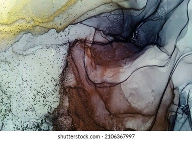 Textura de mármol gris, bronce y dorado con partículas negras. Tinta de alcohol.  Antecedentes abstractos. Pintado a mano con tinta de alcohol. Cartel, diseño de afiches. Vector.