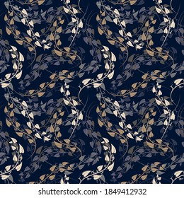 las ramas curvadas suavemente con hojas, grises, marrones y beige, están colocadas al azar sobre un fondo negro. patrón inestable de verdura oscura. vector
