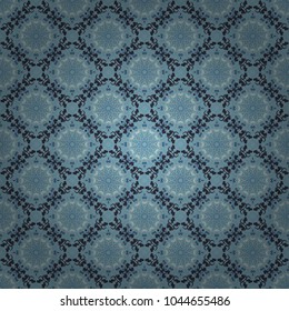 Gray, brown and blue ethnic geometric motif seamless pattern on colorful abstract background. Vector illustration.