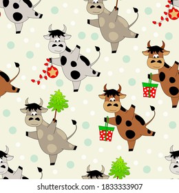 Gray and brown bulls, symbols of Chinese New Year, with fir trees, gift boxes and Christmas balls. New Year/Christmas seamless pattern. Vector illustration. For packing, fabric, postcard, wallpaper.