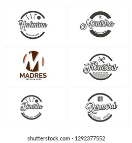 Gray brown line art hammer saw axe window gear screwdriver badge logo design vector template suitable for workshop lumberjack carpenter tools