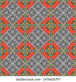 Gray, brown and pink mandalas. Vector hand drawn art, typical portuguese tiles. Ceramic tiles pattern. Traditional ornate portuguese decorative tiles azulejos. Seamless abstract background.