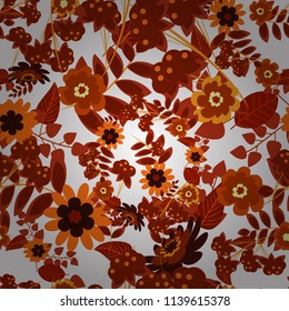 Gray, brown and red colors vector seamless pattern with many flowers.