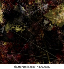 Gray, brown and yellow. Blur effect and watercolors. Triangular elements, crystals, thin straight lines, scratches, streaks, spots. Randomly mixed. Abstract seamless vector background
