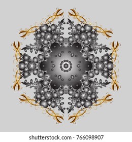 Gray, brown and yellow snowflakes on a gray, brown and yellow colors. Snowflake vector pattern. Vector illustration. Isolated cute snowflakes on colorful background.