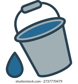 Gray bucket with blue water and a water drop beside it