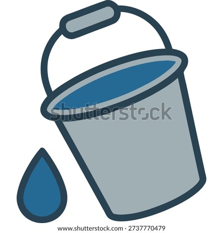 Gray bucket with blue water and a water drop beside it