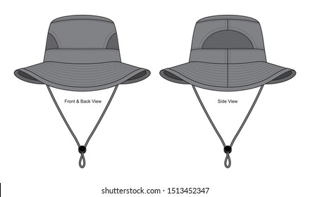 Gray Bucket Hat with Mesh Both Sides and Rope-Cord Stopper Template on White Background. Front, Back, and Side Views, Vector File.