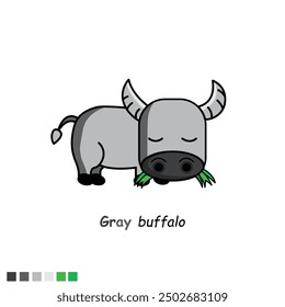 A gray buffalo is eating grass on a white weight
