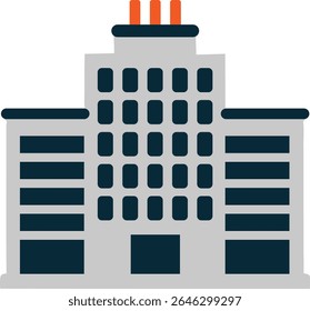 Gray building with dark blue windows and orange chimneys architecture