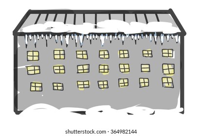 The gray building. Roof with icicles.