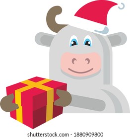 A gray bull in a New Year's cap holds a gift in his hands. Symbol of Christmas and New Year 2021. Flat infographics. Vector illustration