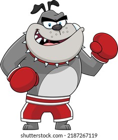 Gray Bulldog Cartoon Character Boxer Ready To Fight. Vector Hand Drawn Illustration Isolated On Transparent Background