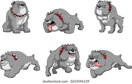 Caráter Cinza Bulldog Cartoon Em Poses Diferentes - Conjunto De Coleção De Conjunto Desenhado À Mão Vetor Isolado Em Fundo Transparente