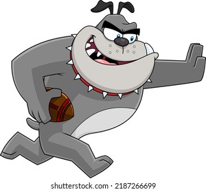 Gray Bulldog Cartoon Character Football Player Running. Vector Hand Drawn Illustration Isolated On Transparent Background